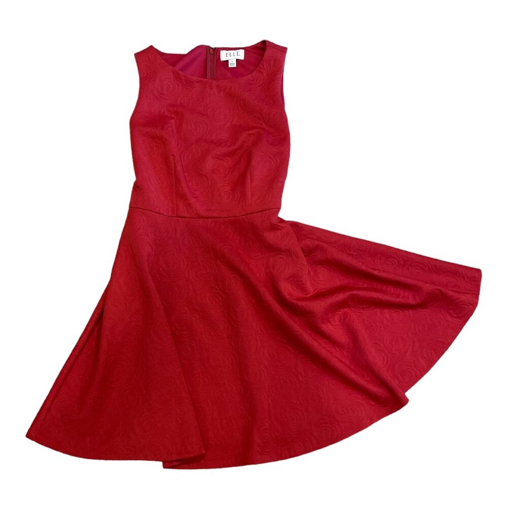 Elle Sangria Red Sleeveless Fit & Flare Dress with Embossed Roses Women's Size L - Picture 3 of 7